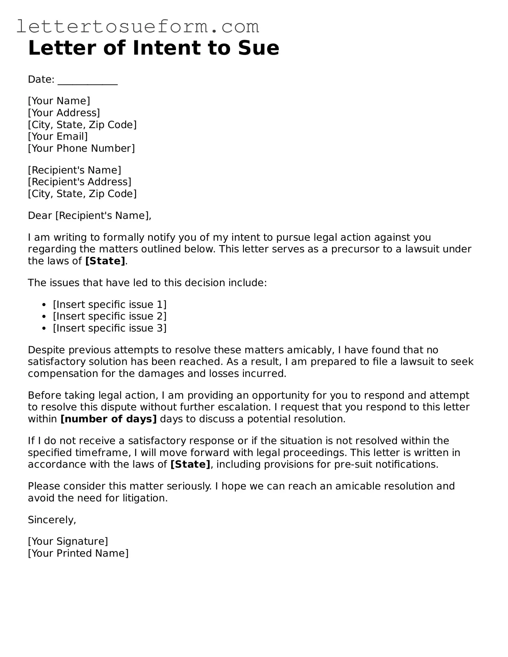 Valid Letter of Intent to Sue Form